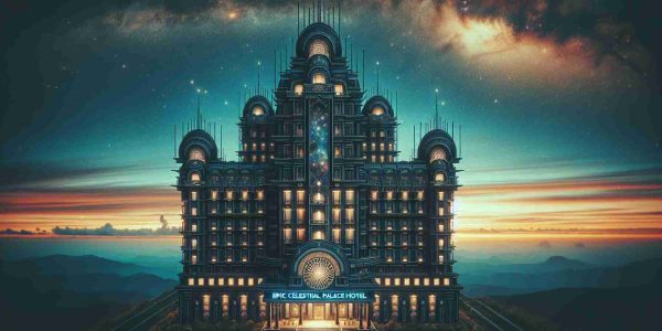 Generate an image of a majestic celestial-themed hotel, exuding an aura of grandeur, located under a sky subtly touched with hues of a fading sunset. This hotel is named 'Epic Celestial Palace Hotel', as displayed in bold, elegant lettering at the entrance. Detail and clarity are of utmost importance, aiming for an HD quality visual representation.