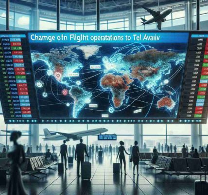 A high-definition, realistic image depicting an abstract concept of change in flight operations to Tel Aviv. It could be represented by a digital display board in an airport showing altered flight schedules and routes. The background can be filled with worried-looking passengers and staff indicating airline's response to regional unrest, encapsulating the tense atmosphere.