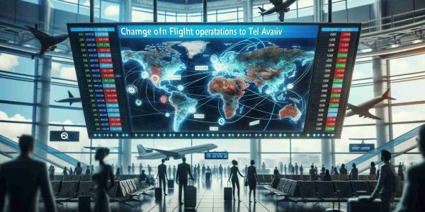 A high-definition, realistic image depicting an abstract concept of change in flight operations to Tel Aviv. It could be represented by a digital display board in an airport showing altered flight schedules and routes. The background can be filled with worried-looking passengers and staff indicating airline's response to regional unrest, encapsulating the tense atmosphere.