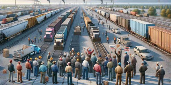 Detailed realistic HD image of a North American transportation scene depicting the aftermath of a rail worker's dispute. This scene includes idle freight trains, empty rail tracks stretching to the horizon, and a seemingly abandoned rail yard. Workers of various descents such as Caucasian, Hispanic, and Black, and genders are seen discussing intensely, holding placards showing their demands. Supply trucks are idling nearby indicating a shift in transport mode.