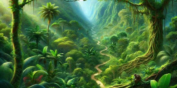 Create a high-definition, realistic image of an expansive rainforest adventure, full of lush flora and fauna, where every corner unveils a new mystery. Picture rich green canopies, an assortment of exotic wildlife, and adventurous trails winding their way through the rainforest.