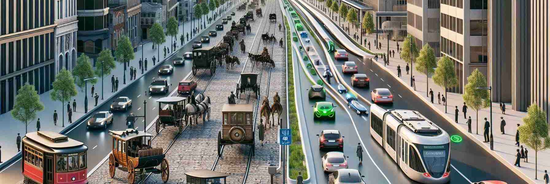 High definition, realistic depiction showcasing the evolution of urban transportation in modern cities. The image progressively possessing scenes of transformation from horse-drawn carriages on cobblestone roads, to early century trains and trams, to the surge of cars and buses during the mid-century, and culminating in the present-day prevision of green energy vehicles, electric buses, bicycles, and pedestrians in designated lanes. Please also show futuristic elements of emerging technologies, including hyperloops, autonomous vehicles, and drones. It's a great way to study the juxtaposition of the past, present, and future of urban transportation development.