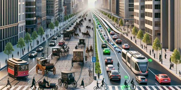 High definition, realistic depiction showcasing the evolution of urban transportation in modern cities. The image progressively possessing scenes of transformation from horse-drawn carriages on cobblestone roads, to early century trains and trams, to the surge of cars and buses during the mid-century, and culminating in the present-day prevision of green energy vehicles, electric buses, bicycles, and pedestrians in designated lanes. Please also show futuristic elements of emerging technologies, including hyperloops, autonomous vehicles, and drones. It's a great way to study the juxtaposition of the past, present, and future of urban transportation development.