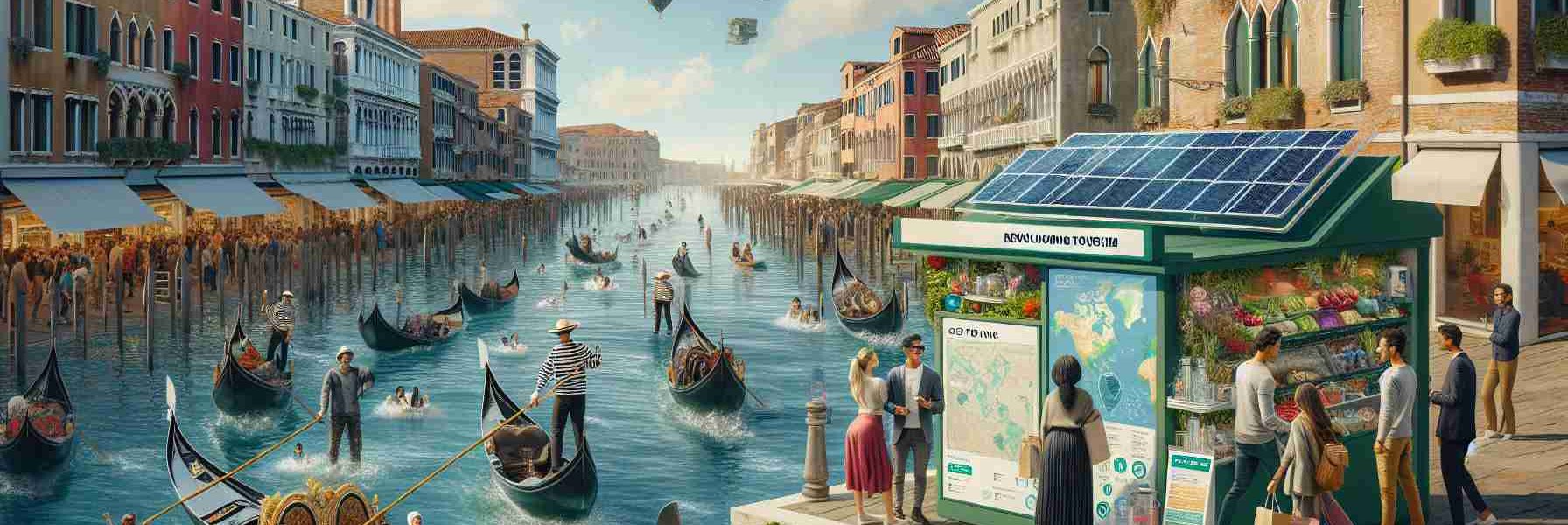 High-definition image illustrating the concept of revolutionizing tourism in Venice. It should depict sustainable tourism practices. Include a gondola outfitted with solar panels sailing in the Venice canal, a map stand featuring eco tour routes, and tourists carrying reusable water bottles. The scenery should retain its old-world charm but with noticeable implementation of new-age solutions. Display a diverse range of tourists in terms of descent and gender - a Black female, a Middle-Eastern male, and a South Asian couple. Maintain a splash of traditional Venetian elements like the vivid architecture and vibrant marketplaces, subtly balanced with innovative facets.