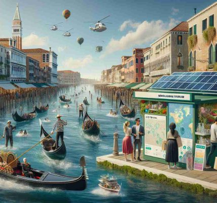 High-definition image illustrating the concept of revolutionizing tourism in Venice. It should depict sustainable tourism practices. Include a gondola outfitted with solar panels sailing in the Venice canal, a map stand featuring eco tour routes, and tourists carrying reusable water bottles. The scenery should retain its old-world charm but with noticeable implementation of new-age solutions. Display a diverse range of tourists in terms of descent and gender - a Black female, a Middle-Eastern male, and a South Asian couple. Maintain a splash of traditional Venetian elements like the vivid architecture and vibrant marketplaces, subtly balanced with innovative facets.