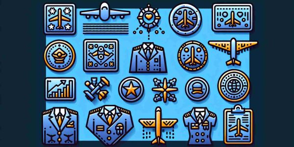 Detailed and in high definition, show an airline introducing new and innovative uniform pins for their employees. The pins must have a unique design, incorporating elements representing flight and hospitality, and should be pinned to the uniform.