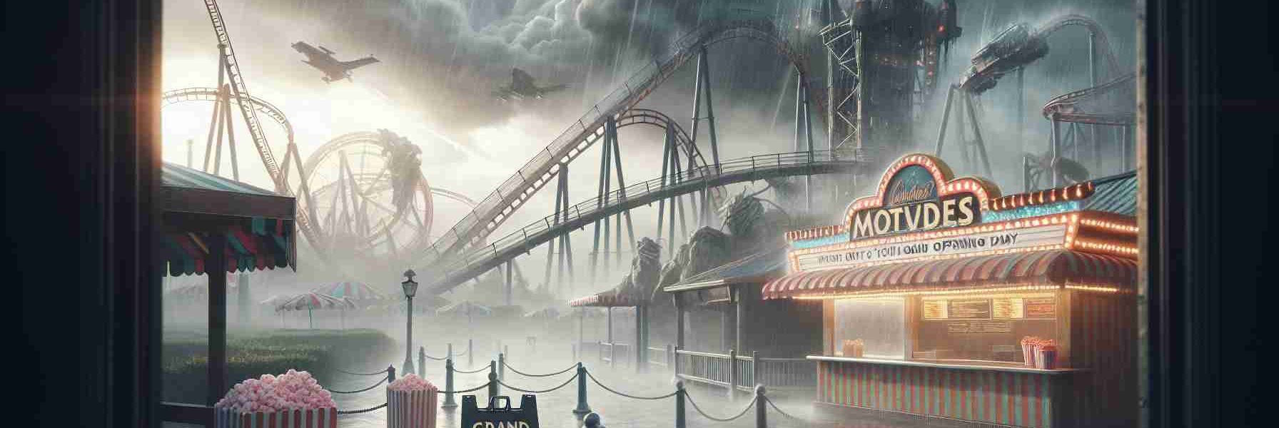 Create a realistic, high definition image of a recently constructed theme park inspired by movies. The scene should depict the grand opening day being postponed. Show overcast skies with dark ominous clouds, heavy rains pouring down, and winds sweeping through the empty park walkways. Include details such as roller coasters, popcorn and cotton candy stands, and abandoned park maps fluttering in the wind. Add signage indicating that the launch has been postponed due to the bad weather.