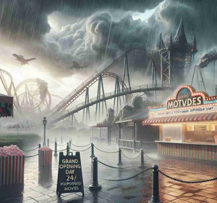 Create a realistic, high definition image of a recently constructed theme park inspired by movies. The scene should depict the grand opening day being postponed. Show overcast skies with dark ominous clouds, heavy rains pouring down, and winds sweeping through the empty park walkways. Include details such as roller coasters, popcorn and cotton candy stands, and abandoned park maps fluttering in the wind. Add signage indicating that the launch has been postponed due to the bad weather.