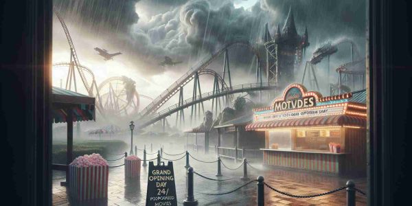 Create a realistic, high definition image of a recently constructed theme park inspired by movies. The scene should depict the grand opening day being postponed. Show overcast skies with dark ominous clouds, heavy rains pouring down, and winds sweeping through the empty park walkways. Include details such as roller coasters, popcorn and cotton candy stands, and abandoned park maps fluttering in the wind. Add signage indicating that the launch has been postponed due to the bad weather.