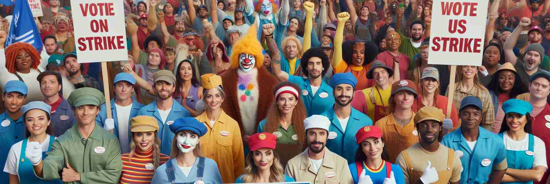 High definition, hyper-realistic photo of a diverse group of theme park employees from varying occupations - including ride operators, costume characters, and food vendors - holding a collective gathering. They are expressing unity and solidarity, showcasing their empowerment to enact change through their voting power. They are holding placards and signs indicating their decision to authorize an employment strike.