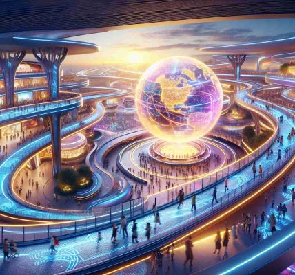 A realistic high-definition image capturing an exciting revamped scene at the heart of a futuristic theme park. The scene should include vibrant colors, streamlined, innovative structures and bustling crowds reveling at the newly unveiled changes. Illuminated walkways etched with intricate patterns snake through the park, leading to an enormous, radiant globe which is the centerpiece of the park. This flourishing hub of excitement and innovation boasts an immersive, novel atmosphere, pulling audiences into a realm of fantastical futurism and technology.