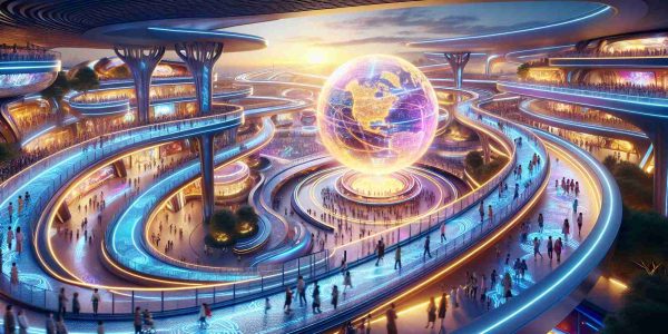 A realistic high-definition image capturing an exciting revamped scene at the heart of a futuristic theme park. The scene should include vibrant colors, streamlined, innovative structures and bustling crowds reveling at the newly unveiled changes. Illuminated walkways etched with intricate patterns snake through the park, leading to an enormous, radiant globe which is the centerpiece of the park. This flourishing hub of excitement and innovation boasts an immersive, novel atmosphere, pulling audiences into a realm of fantastical futurism and technology.