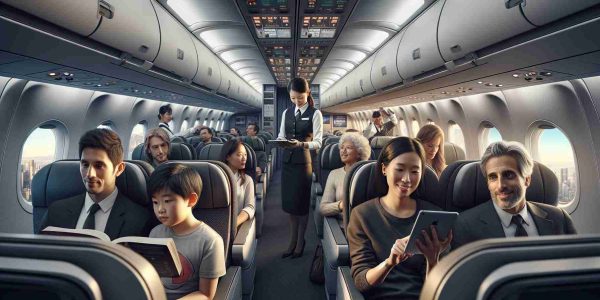 An HD, realistic image of a Cathay Pacific aircraft showcasing its comfortable interior. The passengers appear content and relaxed, even as crew members work efficiently to address technical challenges. Depict a range of diverse individuals: a Caucasian male reading a novel, a Black female flight attendant troubleshooting a technological issue, a South Asian couple playing a game on a tablet, a Middle-Eastern child peering curiously at the overhead compartments. Through the window, the skyline gradually fades from daylight to twilight.