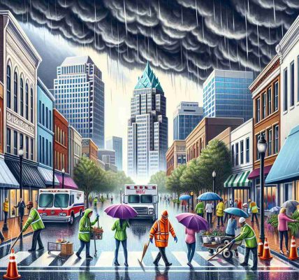 Create a realistic HD image illustrating the city of Raleigh prepping for an impending severe storm. Show details such as shopkeepers securing their storefronts, pedestrians with raincoats and umbrellas bracing for the rain, city workers making necessary preparations, and dark storm clouds building in the sky.