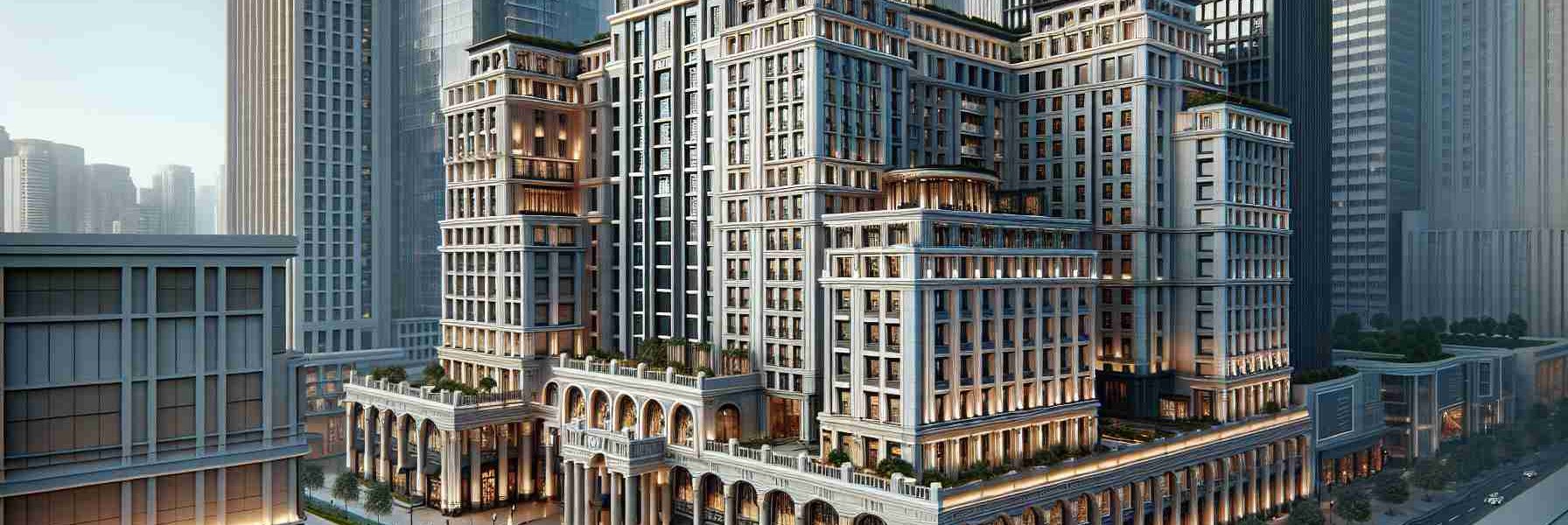 Realistic HD image of a luxurious hotel located in the heart of a bustling city, identifiable by its imposing and prestigious architecture. The building should be grand, styled with modern elegance and sophisticated decor. Prominent features could include high-rise pillars, expansive glass windows, and finely detailed archways. The premises should exude extravagance, feeling more like a haven amidst the urban chaos.