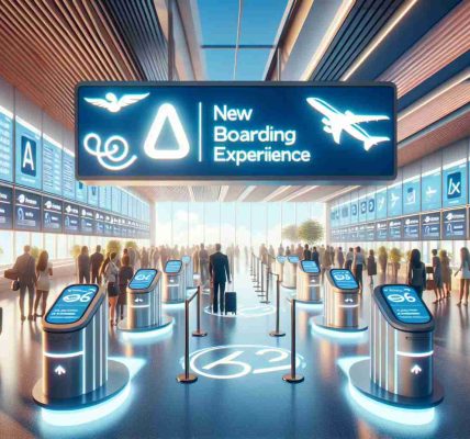 A high definition image showcasing a new enhanced boarding experience introduced by a popular American airline. The scene includes passengers waiting in clearly designated lanes with digital signage indicating different boarding groups. Stylized logos for the airline are subtly incorporated into the design. The atmosphere is bustling yet organized, refelcting the efficient nature of the new process. Note to emphasis on factors that clearly highlight the enhancement such as increased spaciousness, improved organization, or innovative ticket scanning technologies.