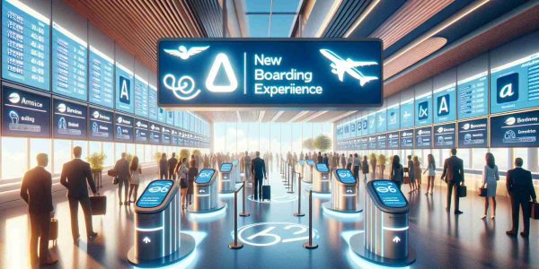 A high definition image showcasing a new enhanced boarding experience introduced by a popular American airline. The scene includes passengers waiting in clearly designated lanes with digital signage indicating different boarding groups. Stylized logos for the airline are subtly incorporated into the design. The atmosphere is bustling yet organized, refelcting the efficient nature of the new process. Note to emphasis on factors that clearly highlight the enhancement such as increased spaciousness, improved organization, or innovative ticket scanning technologies.