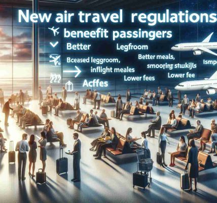 A high-definition, realistic image illustrating the scenario of new air travel regulations benefiting passengers. Depict a diverse set of travellers, to include genders and races, in an airport environment. There could be visuals of passengers enjoying increased legroom, better inflight meals, smoother check-in processes, lower fees, or showing satisfaction with improved customer service at the airport. Incorporated text can include phrases like 'New Air Travel Regulations' and 'Benefit Passengers' contributing to the scene.