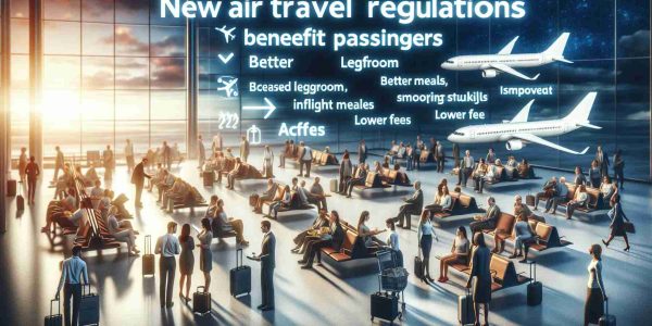 A high-definition, realistic image illustrating the scenario of new air travel regulations benefiting passengers. Depict a diverse set of travellers, to include genders and races, in an airport environment. There could be visuals of passengers enjoying increased legroom, better inflight meals, smoother check-in processes, lower fees, or showing satisfaction with improved customer service at the airport. Incorporated text can include phrases like 'New Air Travel Regulations' and 'Benefit Passengers' contributing to the scene.