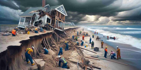 Generate a high-definition, realistic image portraying coastal preservation efforts. The scene depicts workers actively putting measures in place to curb beach erosion in light of a nearby beach house collapsing. The crumbling beach house is visibly damaged with parts of its structure already succumbing to the force of the ocean. The workers in the image are a diverse group of men and women from various descents including Caucasian, Hispanic, and Black. The sky above them is a mix of ominous storm clouds and some clear patches, insinuating an impending storm.