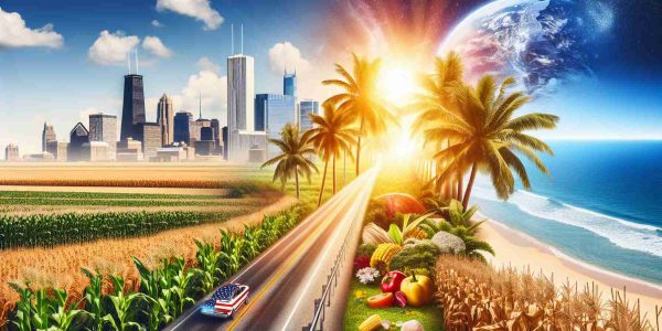 A high-definition, realistic image capturing the exciting journey from the Midwest to the Sunshine State. The composition should include details that signify the Midwest like farmlands, cornfields, or flat prairies beginning to the picture. The transition into the Sunshine State is marked by lush palms, bright sunshine, sandy beaches and ocean views towards the end of the composition. The excitement and thrill of travel should be felt through the dynamism in the image.