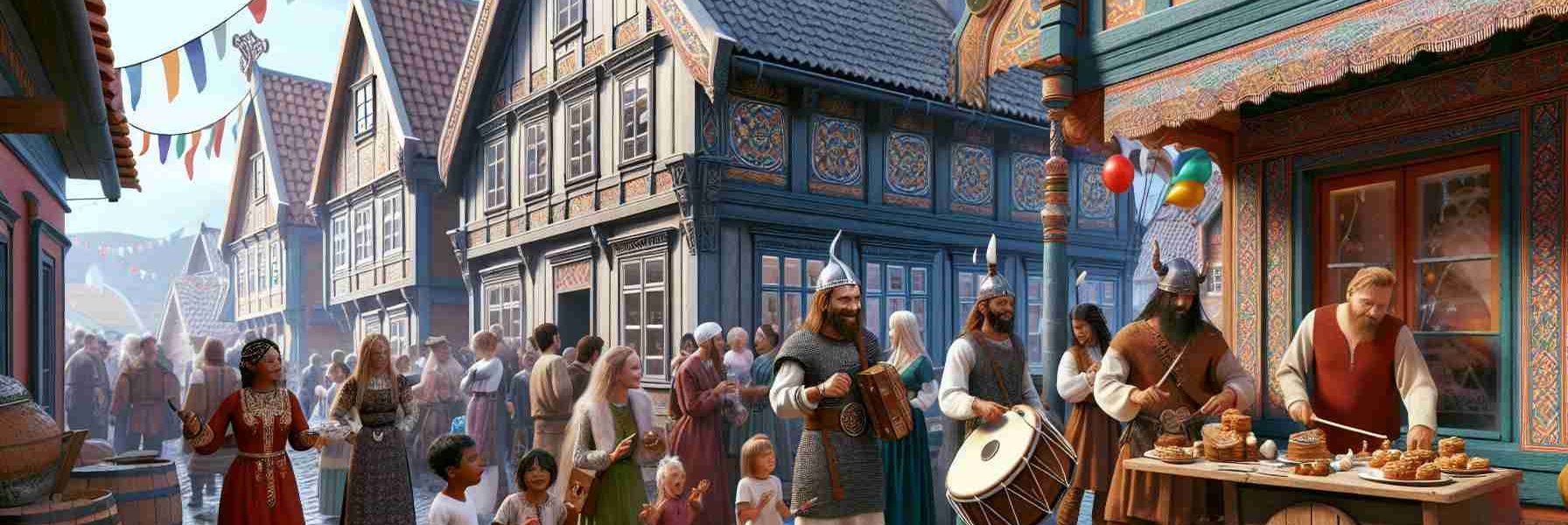 Create a high-definition, realistic image showcasing the Scandinavian Heritage in Lindsborg. The scene should include traditional Scandinavian architecture, such as wooden houses with steep roofs and intricate decorations in bright colors. The street is populated with people of diverse descents, all enjoying the local festival. A Caucasian man in a Viking costume is playing an old Nordic instrument, and a South Asian woman is buying traditional Scandinavian baked goods from a stall. Middle-Eastern children are running around with balloons and a Black woman is taking photographs. Capture the joyful and diverse aspect of heritage exploration.