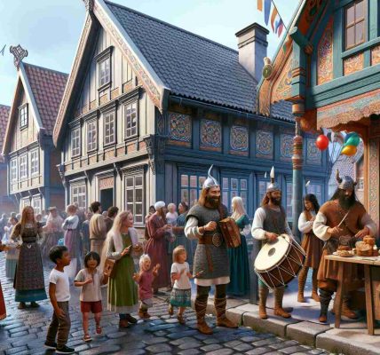 Create a high-definition, realistic image showcasing the Scandinavian Heritage in Lindsborg. The scene should include traditional Scandinavian architecture, such as wooden houses with steep roofs and intricate decorations in bright colors. The street is populated with people of diverse descents, all enjoying the local festival. A Caucasian man in a Viking costume is playing an old Nordic instrument, and a South Asian woman is buying traditional Scandinavian baked goods from a stall. Middle-Eastern children are running around with balloons and a Black woman is taking photographs. Capture the joyful and diverse aspect of heritage exploration.