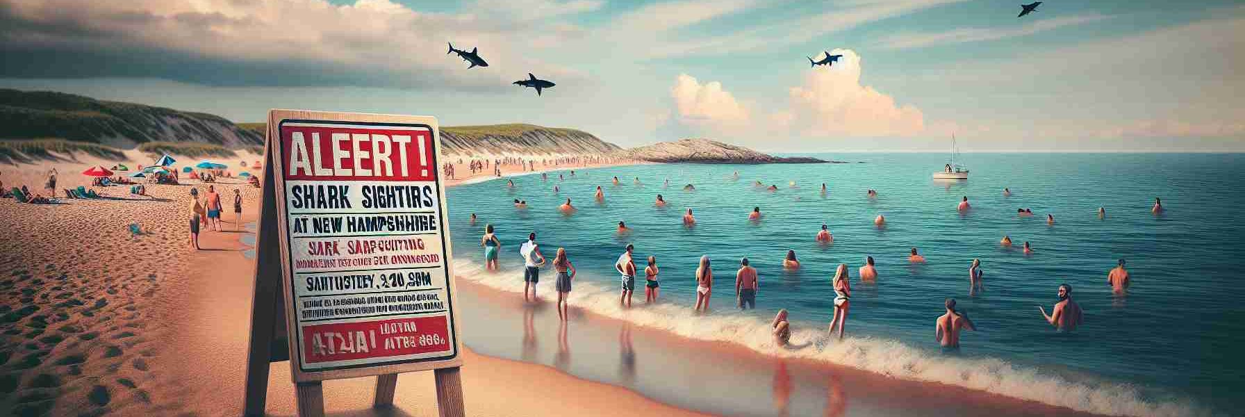 Create a highly realistic HD image depicting the scenario of multiple alerts for shark sightings at beaches in New Hampshire. Having the shoreline visible, with the alert signs standing in the sand. The atmosphere should be of caution with people on the beach looking out into the water, some curious, some worried. There might be a small crowd gathered around the signs, actively reading them. Do not show any actual sharks in the image.