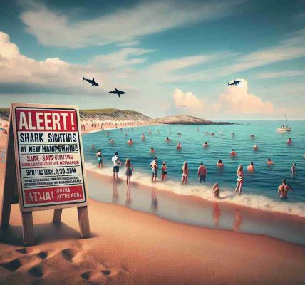 Create a highly realistic HD image depicting the scenario of multiple alerts for shark sightings at beaches in New Hampshire. Having the shoreline visible, with the alert signs standing in the sand. The atmosphere should be of caution with people on the beach looking out into the water, some curious, some worried. There might be a small crowd gathered around the signs, actively reading them. Do not show any actual sharks in the image.