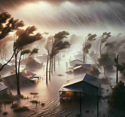 High-definition realist image depicting the effects of severe weather conditions such as heavy rainstorms and hurricanes on the landscape of Southern Louisiana. Show examples of flooding in the residential areas with houses impacted, trees swaying in the intense winds, and the overall atmospheric disturbance. This scenario should showcase the resilience of its diverse communities including African American, Hispanic, and Caucasian locals who work together, aiding in preparation and recovery efforts.