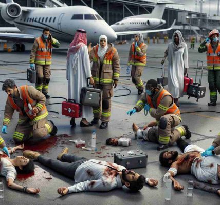 Realistic HD depiction of a distressing incident at an aviation facility causing injuries to the employees. Display emergency services attending the scene, while maintaining safety protocols. Showcase varied workers including a South Asian man helping a Middle Eastern woman, a Black woman providing first aid to a Caucasian man, and a Hispanic man calling for help. Maintain a sense of urgency and concern but do not include gory or overly violent scenes.