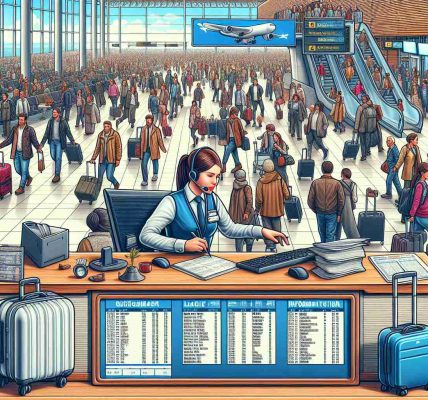 Create a realistic HD picture of an airport scene during Thanksgiving rush from the perspective of an airport worker. Picture a bustling environment with passengers of all descents and genders rushing to catch their flights. The worker is multitasking, managing the queries at the information desk. Luggage, flight schedules, and various airport signs are also visible in this scene.