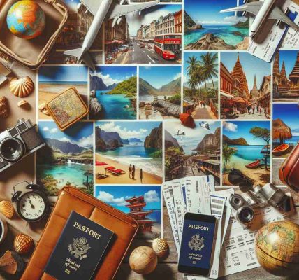 A high-definition, realistic image depicting excitement for various travel destinations. Capture the tropical atmosphere of a Southeast Asian beach, the bustling, vibrant streets of a European city, the serene beauty of a North American mountain range, the mysterious allure of a Middle Eastern market, and the abundant wildlife of an African safari. Beautiful postcards, road maps, plane tickets, luggage, and travel accessories are scattered on a table hinting at the adventures that await.