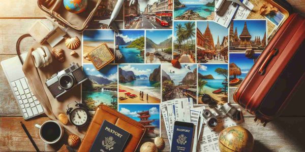 A high-definition, realistic image depicting excitement for various travel destinations. Capture the tropical atmosphere of a Southeast Asian beach, the bustling, vibrant streets of a European city, the serene beauty of a North American mountain range, the mysterious allure of a Middle Eastern market, and the abundant wildlife of an African safari. Beautiful postcards, road maps, plane tickets, luggage, and travel accessories are scattered on a table hinting at the adventures that await.