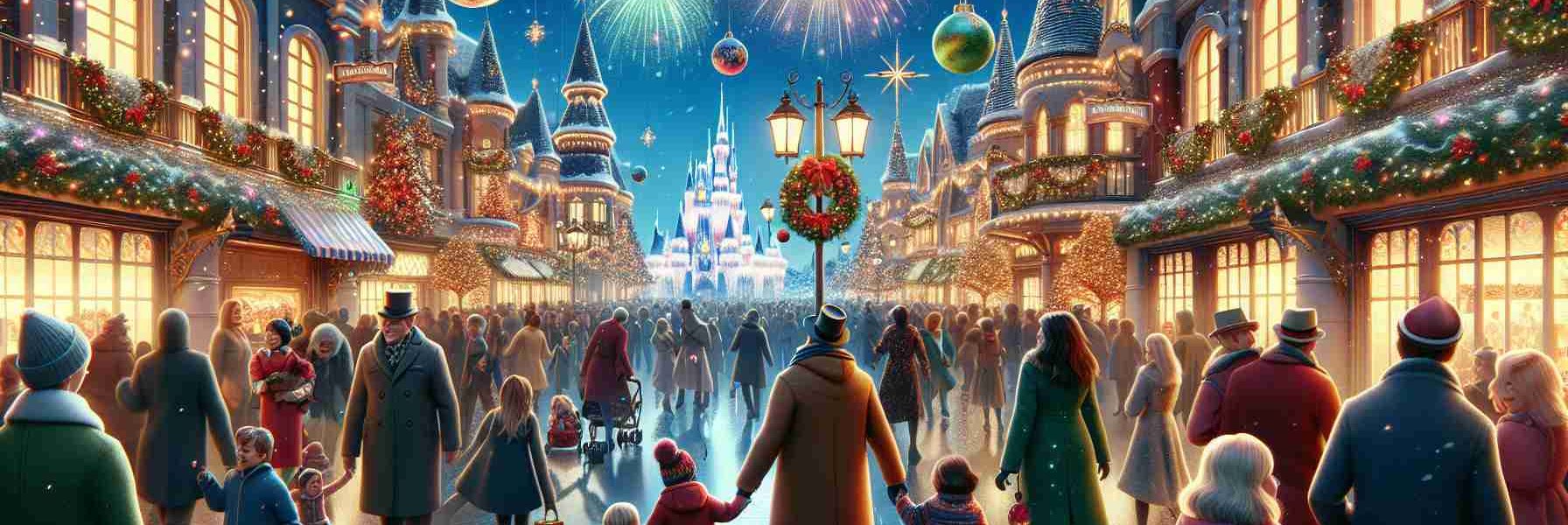 Generate a realistic HD-quality illustration that depicts a magical fairytale kingdom during the holiday season. Convey how the streets are adorned with exquisite ornaments and multicolored lights, capturing the jovial spirit of the festivities. Show children and adults, of a range of descents including Black, Caucasian, Hispanic, Middle-Eastern, and South Asian, strolling around as they enjoy the beautiful view. Have some people smiling as they watch a beautiful fireworks display, symbolizing the enchantment of the holiday season. Please avoid depiction of copyrighted images or logos.