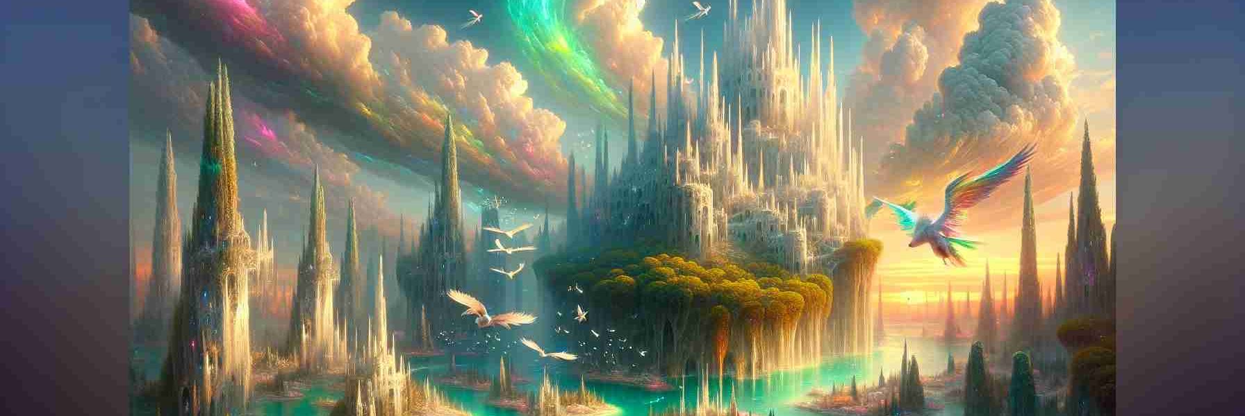 Generate a realistic high-definition image of a newly envisioned fantasy world. This world should have an ethereal landscape with crystal-clear aquamarine rivers and massive, towering emerald-green trees. Among these trees, immense castles made of pearly white stones with spires reaching high into the sky. Rainbow-hued birds fill the air, their wings shimmering in the light. The sky crowned with swirling golden clouds that have touches of pink and lavender. Tiny silver stars glitter in the dusk and there are floating islands scattered across the horizon. In the distance, majestic dragons gracefully fly, casting their long shadows on the ground below.