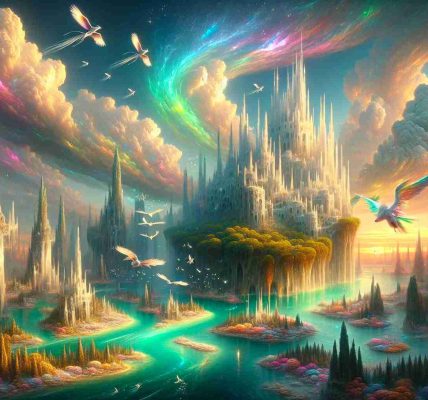 Generate a realistic high-definition image of a newly envisioned fantasy world. This world should have an ethereal landscape with crystal-clear aquamarine rivers and massive, towering emerald-green trees. Among these trees, immense castles made of pearly white stones with spires reaching high into the sky. Rainbow-hued birds fill the air, their wings shimmering in the light. The sky crowned with swirling golden clouds that have touches of pink and lavender. Tiny silver stars glitter in the dusk and there are floating islands scattered across the horizon. In the distance, majestic dragons gracefully fly, casting their long shadows on the ground below.