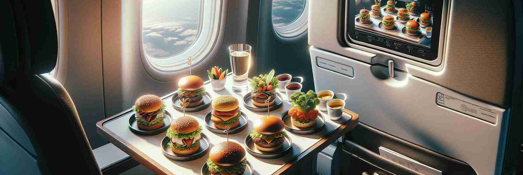 Create a detailed, high-definition image capturing the concept of 'New Heights in In-Flight Dining'. Envision a tray fixed to the back of an airplane seat, containing a variety of gourmet burger flights. Each flight comprises miniature versions of different burger varieties, aesthetically presented with accompaniments of fresh vegetables and dipping sauces. The scene includes glimpses of the airplane interiors, with the window revealing a stunning aerial view. The lighting is soft and welcoming, adding an appealing aura to the meal and portraying it in the best possible light.