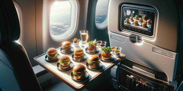 Create a detailed, high-definition image capturing the concept of 'New Heights in In-Flight Dining'. Envision a tray fixed to the back of an airplane seat, containing a variety of gourmet burger flights. Each flight comprises miniature versions of different burger varieties, aesthetically presented with accompaniments of fresh vegetables and dipping sauces. The scene includes glimpses of the airplane interiors, with the window revealing a stunning aerial view. The lighting is soft and welcoming, adding an appealing aura to the meal and portraying it in the best possible light.