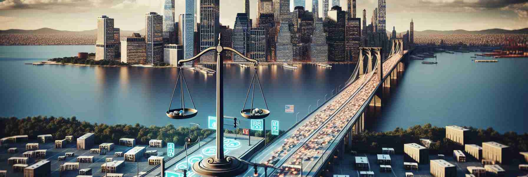 A high-definition, realistic image depicting the concept of fair toll policies being implemented for access to Manhattan. The image should include a representation of the city in the background, with skyscrapers, bridges, and rivers visible. In the foreground, there could be symbolic elements like a toll booth or a scale representing the concept of 'fairness'. Please avoid including identifiable landmarks or buildings.