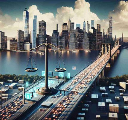 A high-definition, realistic image depicting the concept of fair toll policies being implemented for access to Manhattan. The image should include a representation of the city in the background, with skyscrapers, bridges, and rivers visible. In the foreground, there could be symbolic elements like a toll booth or a scale representing the concept of 'fairness'. Please avoid including identifiable landmarks or buildings.