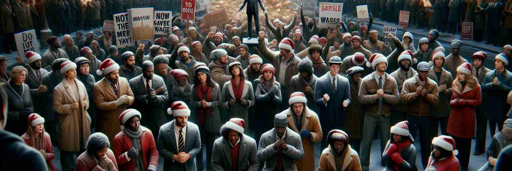 A high-definition, photo-realistic image portraying a scene of striking workers during the holiday season. The strikers, a diverse group of individuals of different genders and descents like Caucasian, South Asian, Black, Hispanic, and Middle-Eastern, fervently demand fair wages. The atmosphere is solemn yet hopeful. Festive decorations and winter elements, such as a beautifully lit Christmas tree and gentle snowfall, provide a stark contrast to the protest, signifying the clash of societal issues amidst joyful celebrations.