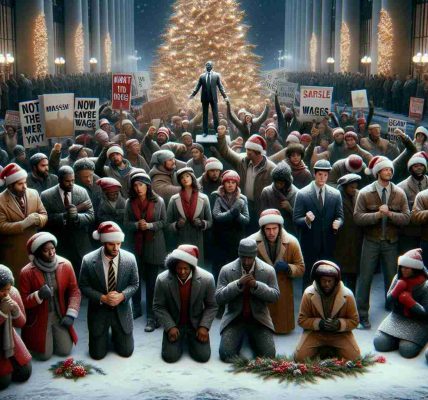 A high-definition, photo-realistic image portraying a scene of striking workers during the holiday season. The strikers, a diverse group of individuals of different genders and descents like Caucasian, South Asian, Black, Hispanic, and Middle-Eastern, fervently demand fair wages. The atmosphere is solemn yet hopeful. Festive decorations and winter elements, such as a beautifully lit Christmas tree and gentle snowfall, provide a stark contrast to the protest, signifying the clash of societal issues amidst joyful celebrations.