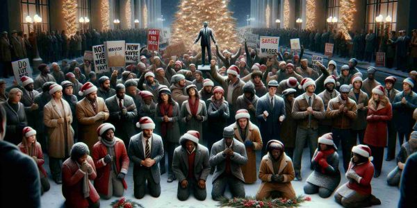 A high-definition, photo-realistic image portraying a scene of striking workers during the holiday season. The strikers, a diverse group of individuals of different genders and descents like Caucasian, South Asian, Black, Hispanic, and Middle-Eastern, fervently demand fair wages. The atmosphere is solemn yet hopeful. Festive decorations and winter elements, such as a beautifully lit Christmas tree and gentle snowfall, provide a stark contrast to the protest, signifying the clash of societal issues amidst joyful celebrations.