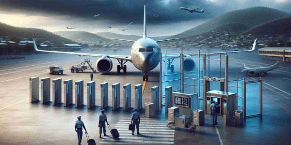 Realistic high definition image illustrating increasing security concerns related to air travel in Haiti. Customize the artwork with representations of airport security measures like metal detectors, security personnel, and locked gates. Include a plane in the background on a runway. Also, incorporate local Haitian elements to signify the locale, such as elements of the Haitian landscape or architectural features. The atmosphere is tense, reflecting the growing apprehension.