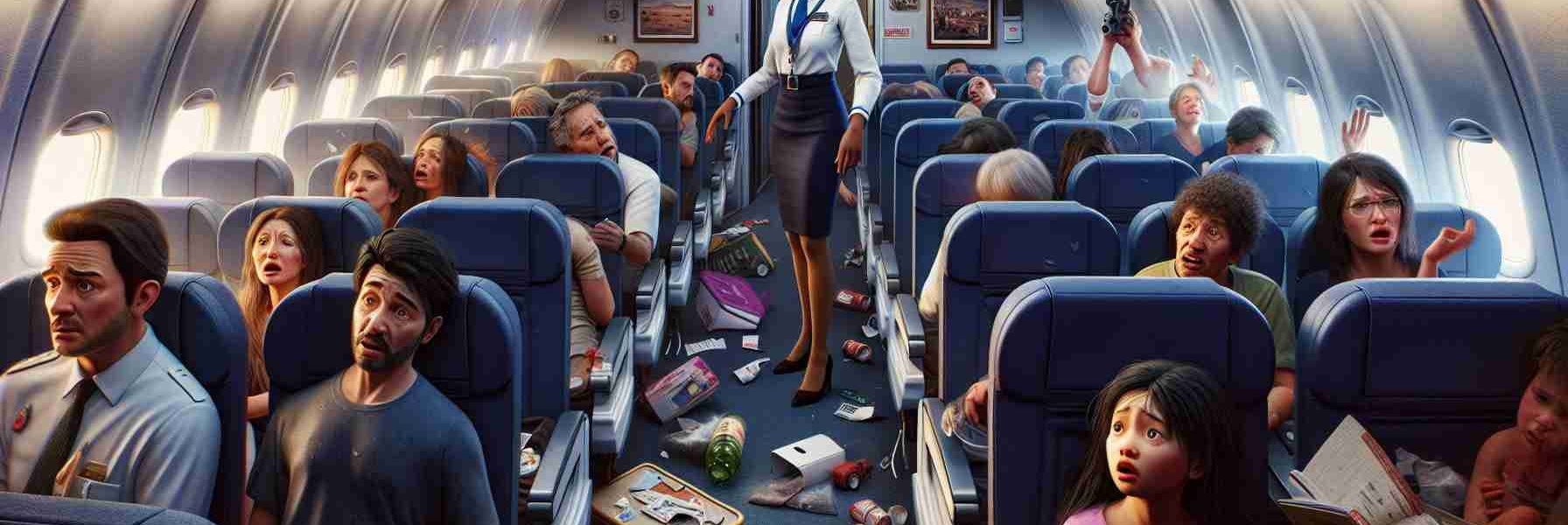 Create a highly detailed and realistic image portraying an unfortunate event during a flight from a passenger's perspective. The scene should illustrate a chaotic cabin with concerned expressions on the faces of passengers. Various personal items are chaotically scattered, the overhead storage compartments are slightly ajar, and the 'fasten seatbelt' signs are illuminated. In the aisle, a female African-American flight attendant in uniform calmly reassures passengers. A male South Asian child looking anxiously out of the window can be seen in one of the seats.