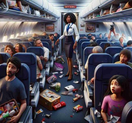 Create a highly detailed and realistic image portraying an unfortunate event during a flight from a passenger's perspective. The scene should illustrate a chaotic cabin with concerned expressions on the faces of passengers. Various personal items are chaotically scattered, the overhead storage compartments are slightly ajar, and the 'fasten seatbelt' signs are illuminated. In the aisle, a female African-American flight attendant in uniform calmly reassures passengers. A male South Asian child looking anxiously out of the window can be seen in one of the seats.