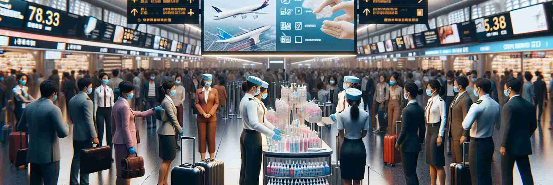 Generate a highly detailed digital image of a scene involving an unnamed airline's latest hygiene initiative. It is set in the bustling context of a modern airport. The hustle and bustle of passengers embarks in a vivid array of travel accessories, attire, and expressions. The focus is on an informational booth about the new initiative, stocked with hygiene tools such as sanitizers, masks, and disposable gloves. Stewards and stewardesses of diverse gender and descents are actively engaging with passengers, explaining the policies and benefits. Inserted into this scene are posters and digital screens detailing this hygiene initiative, including social distancing protocols, cleanliness standards, and protection measures.