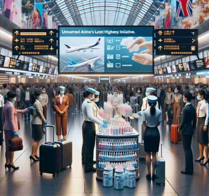 Generate a highly detailed digital image of a scene involving an unnamed airline's latest hygiene initiative. It is set in the bustling context of a modern airport. The hustle and bustle of passengers embarks in a vivid array of travel accessories, attire, and expressions. The focus is on an informational booth about the new initiative, stocked with hygiene tools such as sanitizers, masks, and disposable gloves. Stewards and stewardesses of diverse gender and descents are actively engaging with passengers, explaining the policies and benefits. Inserted into this scene are posters and digital screens detailing this hygiene initiative, including social distancing protocols, cleanliness standards, and protection measures.