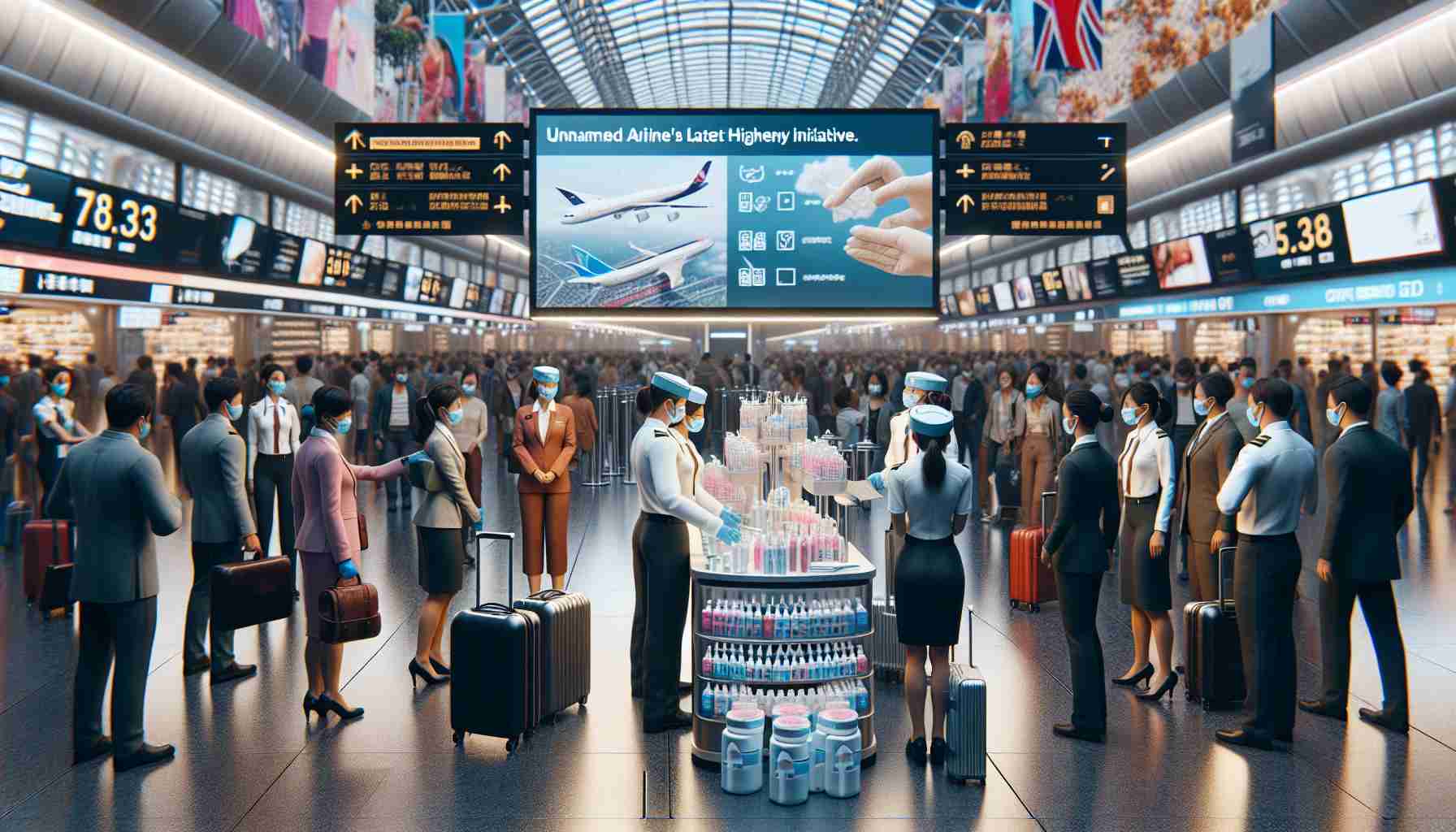 Generate a highly detailed digital image of a scene involving an unnamed airline's latest hygiene initiative. It is set in the bustling context of a modern airport. The hustle and bustle of passengers embarks in a vivid array of travel accessories, attire, and expressions. The focus is on an informational booth about the new initiative, stocked with hygiene tools such as sanitizers, masks, and disposable gloves. Stewards and stewardesses of diverse gender and descents are actively engaging with passengers, explaining the policies and benefits. Inserted into this scene are posters and digital screens detailing this hygiene initiative, including social distancing protocols, cleanliness standards, and protection measures.